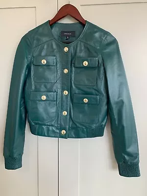 Buy Karen Millen Dark Green Collarless Leather Jacket Size 10 VGC • 60£
