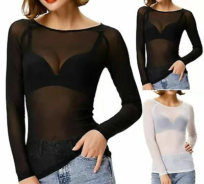Buy Ladies Sheer Mesh Top Womens Long Sleeve See Through Stretchy T Shirt Top • 7.90£