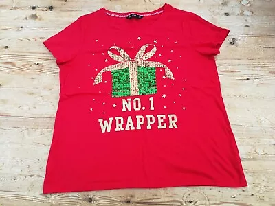 Buy Size 14 F&F Christmas Tshirt Red Green Gold  No1 Wrapper Sequin Present Top • 2£