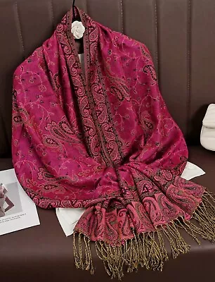Buy Ladies Long  Paisley Scarf Pashmina Evening Shawl Vintage Dark Pink • 10.95£