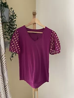 Buy Raspberry Pink V Neck Embellished Metallic Gold Dobby Sleeves Tee Tshirt UK12 • 5£