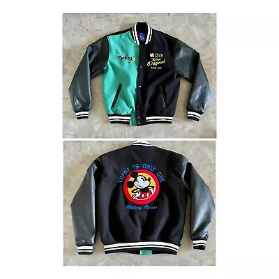 Buy 🔥 Disney Mickey Mouse Varsity Bomber Jacket Black Green Size Medium To Large 🔥 • 70£
