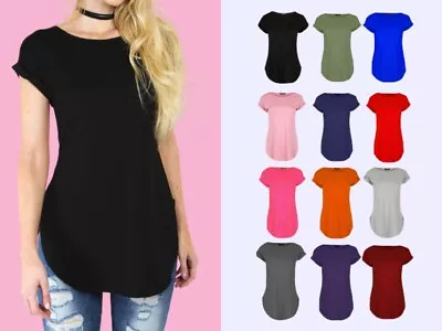 Buy Ladies Curved Hem Jersey Plain Top Womans Round Neck Turn Up Cap Sleeve T Shirt • 4.49£
