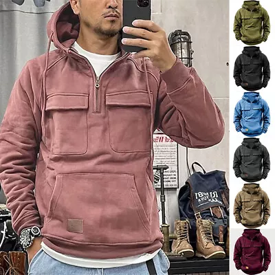 Buy Men Long Sleeved Pocket Solid Color Fashionable Pullover Casual Hooded Top • 18.62£