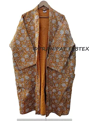 Buy Floral Print Brown Mid-Length Cotton Kantha Quilt Jacket Woman's Winterwear Coat • 43.68£