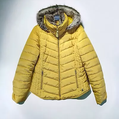Buy Joules Gosway Padded Chevron Coat Quilted Jacket Fur Trim Caramel Size Medium • 44.95£