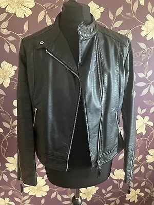 Buy Marks And Spencer Women’s Biker Jacket PVC Black Size 16 Collarless Silver Zips • 18£