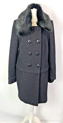 Buy Black Per Una Coat UK 8 Wool Blend Double Breasted Winter Faux Fur Collar E1246 • 4.39£