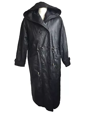 Buy Vintage Long Leather Coat Hooded Black Women's L • 34£