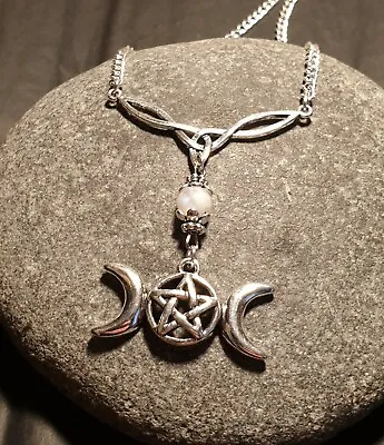 Buy Triple Moon Triquetra Silver Necklace Rainbow Moonstone ~ Pagan Wicca Jewellery  • 7.95£