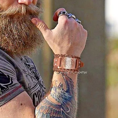 Buy Viking Black/Brown Wide Genuine Real Leather Metal Vegvisir Bracelet Wristband • 9.95£