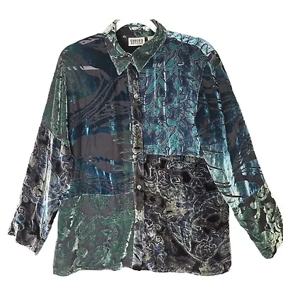 Buy Chicos Velvet Burnout Mesh Silk Blend Blouse Size 1 Large Green Teal Long Sleeve • 21.16£