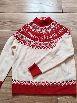 Buy Marks And Spencer Ladies Merry And Bright Cream Red Christmas Xmas Jumper Medium • 8£
