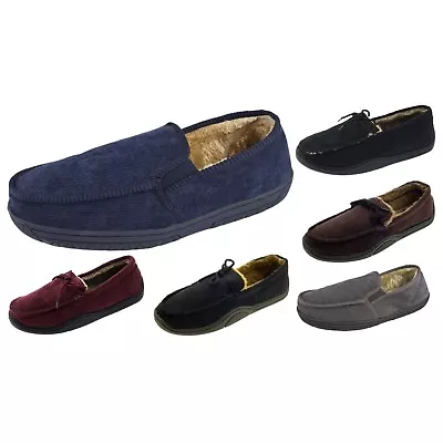 Buy Mens Warm Slippers Moccasins Faux Suede Corduroy Sheepskin Fur Lined Shoes Size • 7.95£