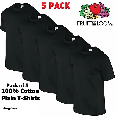 Buy 5 Pack Fruit Of The Loom Black Mens Plain Tee Cotton T Shirts Wholesale S-2xl • 12.95£