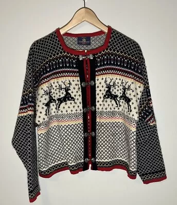 Buy SKJAEVELAND NORWAY Sweater Red Navy 100% Wool Norwegian Deer Cardigan Size Med • 37.80£