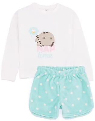Buy Pusheen Girls Pyjama Set | Kids White & Green Loungewear T-Shirt & Pants Cat PJs • 20.99£