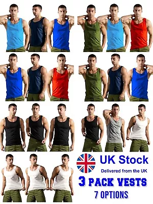 Buy Mens Vest Tops 3 Pack 100% Cotton Summer Gym Training Tank Sports T-Shirt • 7.25£