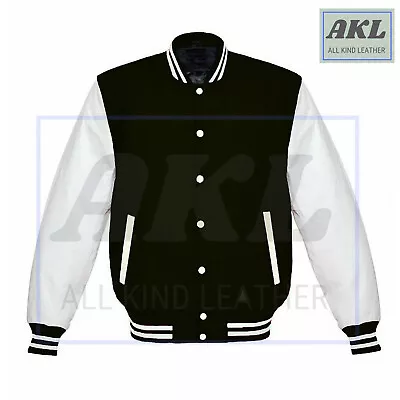 Buy Varsity Jacket Letterman Black Wool Genuine White Leather Sleeves XS - 4XL • 89.99£