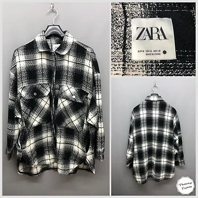 Buy Zara Women's Black & White Check Shirt Jacket Medium Curved Hem Casual Warm • 10.95£