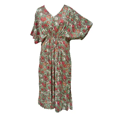 Buy Green Stone Smocked Rayon Long  Maxi Dress Evening Uk Plus Size 10-32 • 18.50£