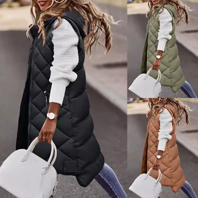 Buy Womens Ladies Hooded Long Line Puffer Gilet Jacket Padded Vest Body Warmer Tops • 8.99£