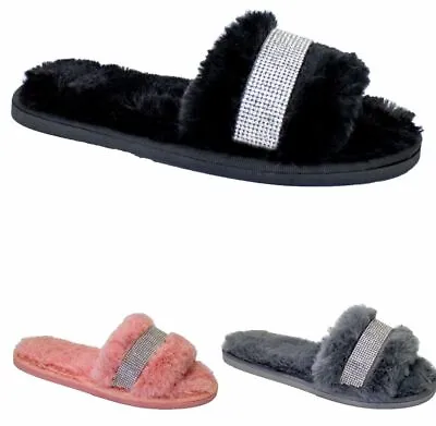 Buy Slides Fur Sliders Slip On Flat Womens Sparkly Diamante Fluffy Slippers Sandals • 12.95£