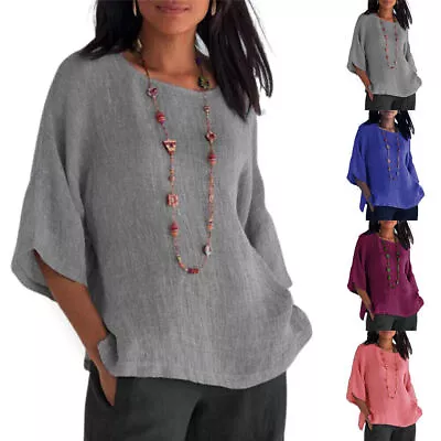 Buy Women Linen Look Blouse Ladies 3/4 Sleeve Baggy Loose T Shirt Tunic Casual Tops • 13.19£