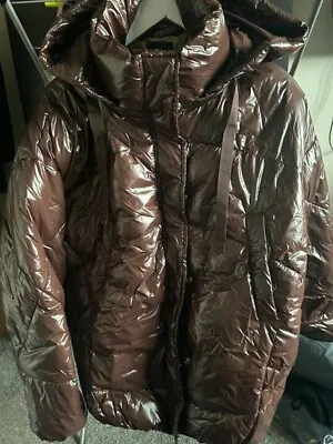Buy GLOSSY HIGH SHINE BROWN  PADDED QUILTED HOODED PUFFA Coat / Jacket - 16 • 25£