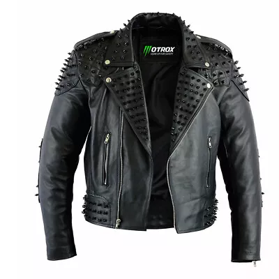 Buy Men's Studded Jacket Leather Biker Black 100% Metal 100%Real CowHide Leather  • 239.99£