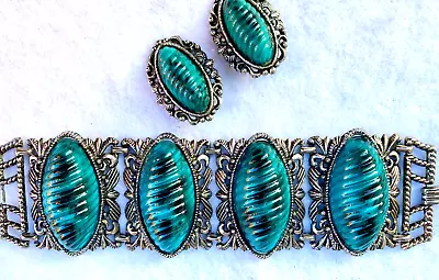 Buy Vintage Selro SUPER WIDE Bracelet Earrings Set TEAL BLUE BLACK LUCITE 2  X 7.5  • 12.06£