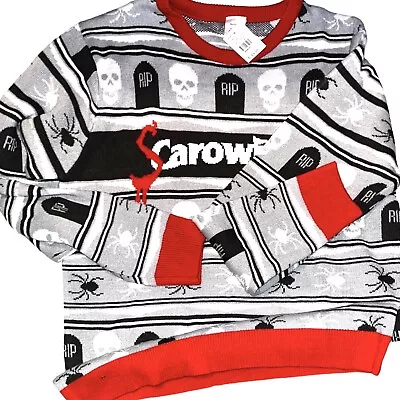 Buy Scarowinds Carowinds Ugly Sweater Halloween Gray Red Black Skulls RIP Spiders L • 37.79£