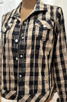 Buy Foxcroft Crinkled Gingham Checkered Plaid Black & Tan Shirt Jacket; Size 8 Med • 18£