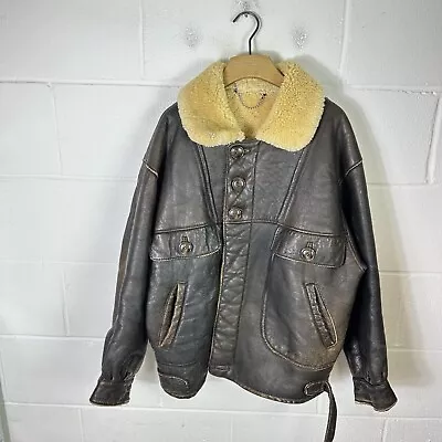 Buy Vintage Shearling Jacket Mens 50 Brown Leather Aviator Flight Military 70s 60s • 153.95£