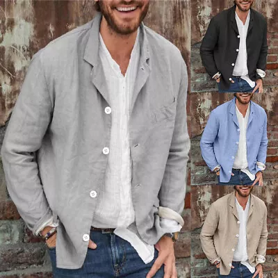Buy Mens Long Sleeve Cotton Linen Lapel Blazer Coat Jacket Button Cardigan Shirts • 13.55£