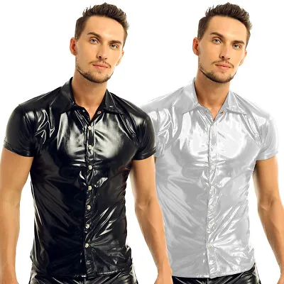 Buy UK Men Shiny Metallic Patent Leather Short Sleeve T-Shirt Stage Costume Clubwear • 10.65£