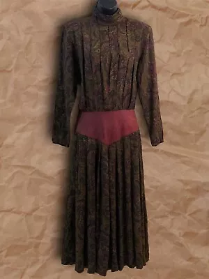 Buy Women’s Vintage Green Brown Pink Paisley Pleated Turtleneck Midi Dress US Size M • 115.82£