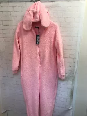 Buy Ladies Medium Boohoo Pink Fleece Bunny Hooded One Piece Pyjama Cute NWT - CG P11 • 7.99£