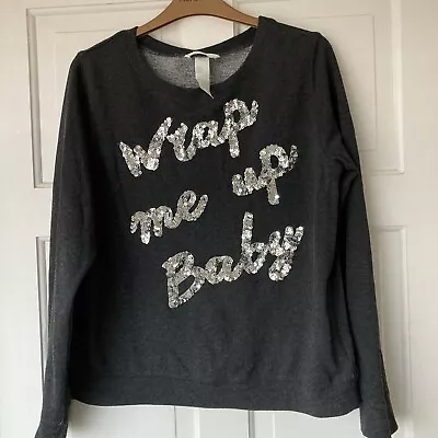 Buy H&M Christmas Jumper Grey Sequin ‘Wrap Me Up Baby Sweatshirt Size S 10 12 • 7£