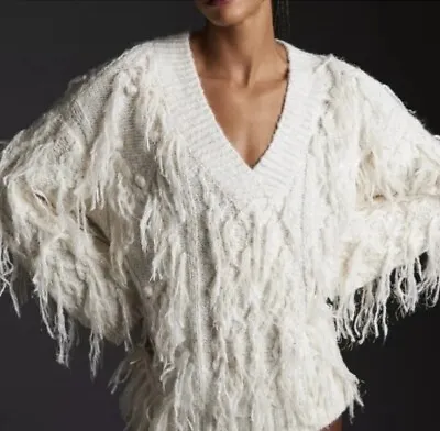 Buy Anthropologie Fringed Pullover Sweater M Fluffy Shaggy Oversized Shag Cream Gold • 35.99£