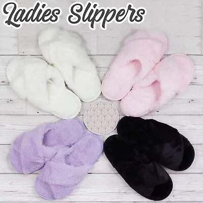 Buy Ladies Womens Slippers Faux Fur Open Toe Black Lilac White Pink Size 3 4 5 6 7 8 • 4.99£