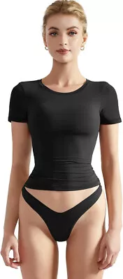 Buy SUUKSESS Women Double Lined Fitted Basic T-Shirts Crew Neck Short Sleeve Y2K L • 13.46£