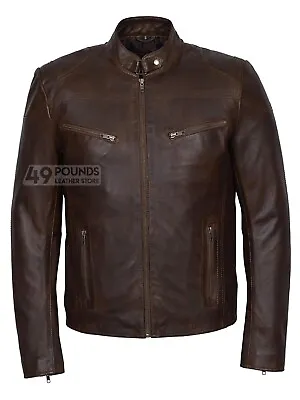 Buy SPEED Mens Racer Leather Jacket Wood Biker Retro Rock Real Leather Jacket SR-02 • 41.65£