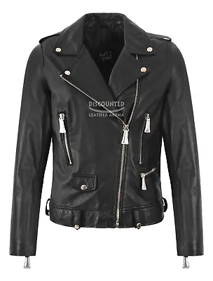 Buy Women's Brando Lambskin Leather Jacket Black Motorbike Fitted Biker Style Jacket • 59.99£