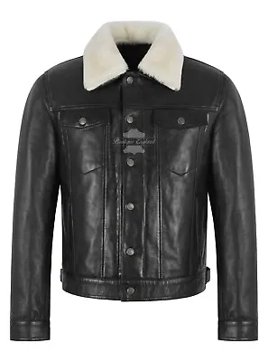 Buy Mens Truckers Premium Black Leather Jacket Sheepskin Collared Casual Denim Look • 159.66£