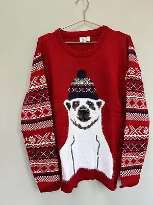 Buy Nizzin Christmas Jumper Mens Large Red Polar Bear Holiday Sweater • 8.50£