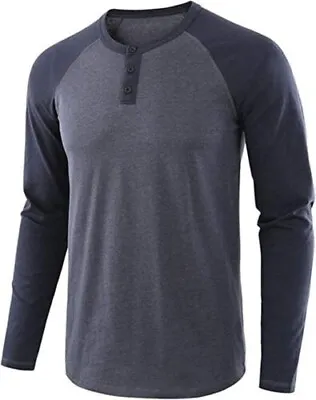 Buy Mens Long Sleeve T Shirt Raglan Henley Shirt Vintage Casual : Navy Blue UK - XL • 16.99£