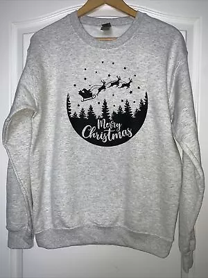 Buy GILDAN Women's Grey & Black Novelty Santa Sleigh Reindeer Sweater Jumper S NEW • 5£