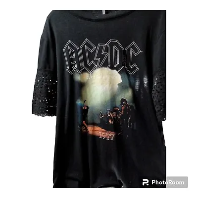Buy ACDC Womens Medium Let There Be Rock 1977 Graphic T-Shirt With Lace Sleeves  • 15.32£
