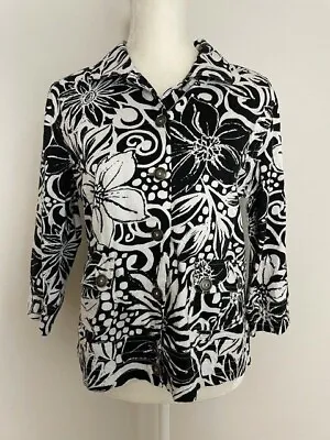 Buy Sportelle Womens Button Down Shirt Jacket Size M Black White Floral Pockets  • 17.36£